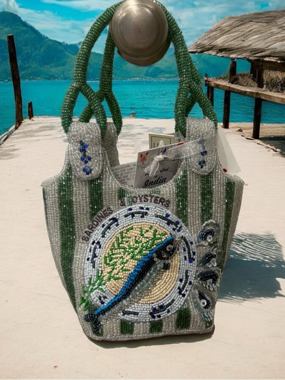Viral TikTok sardine and Beaded Green & White Striped Tote Bag with Oyster